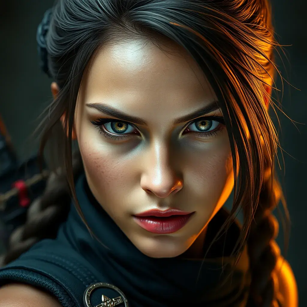 Matte portrait of the beautiful Lara Croft as a ninja, 8k, Highly Detailed, Intricate, Realistic, Sharp Focus, Volumetric Lighting, Fantasy, Elegant by Stanley Artgerm Lau, WLOP, Stefan Kostic