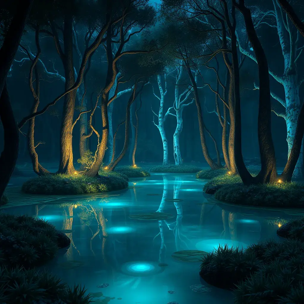 A magical pond in a fantasy forest with glowing blue trees at night, 4k, HQ, Intricate, Artstation, Cinematic Lighting, Photo Realistic, Sharp Focus, Unreal Engine, Dark