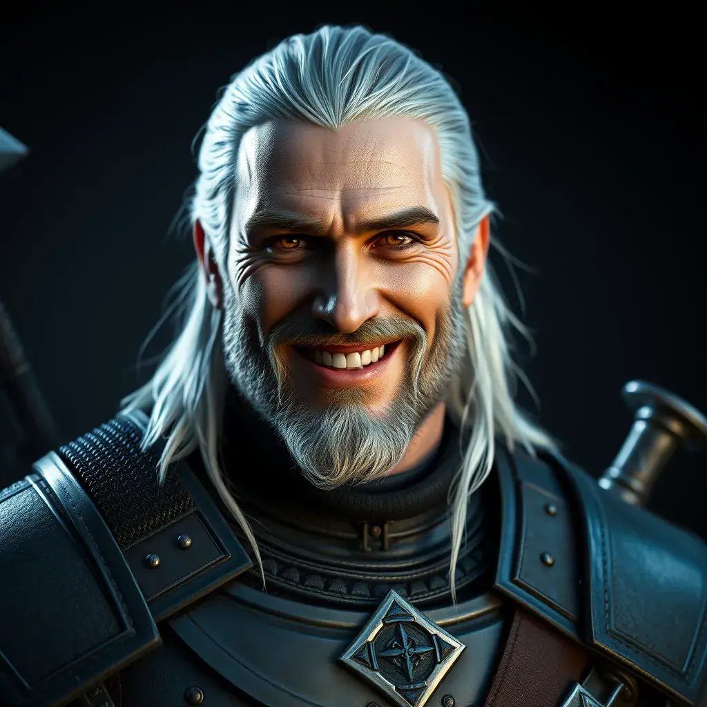 A half body matte portrait of a smiling Geralt in The Witcher 3 style armor, 4k, Highly Detailed, Beautiful, Cinematic Lighting, Sharp Focus, Volumetric Lighting, Closeup Portrait, Concept Art by Stefan Kostic