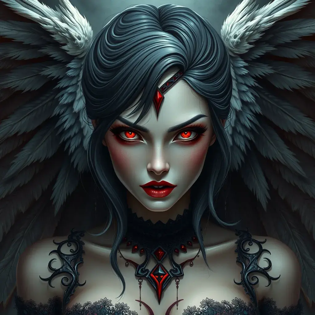 A beautiful winged romanian vampire woman with bright red eyes, fangs, perfect face, Hyper Detailed, Intricate Details, Masterpiece, Full Body, Gothic, Deviantart, Concept Art