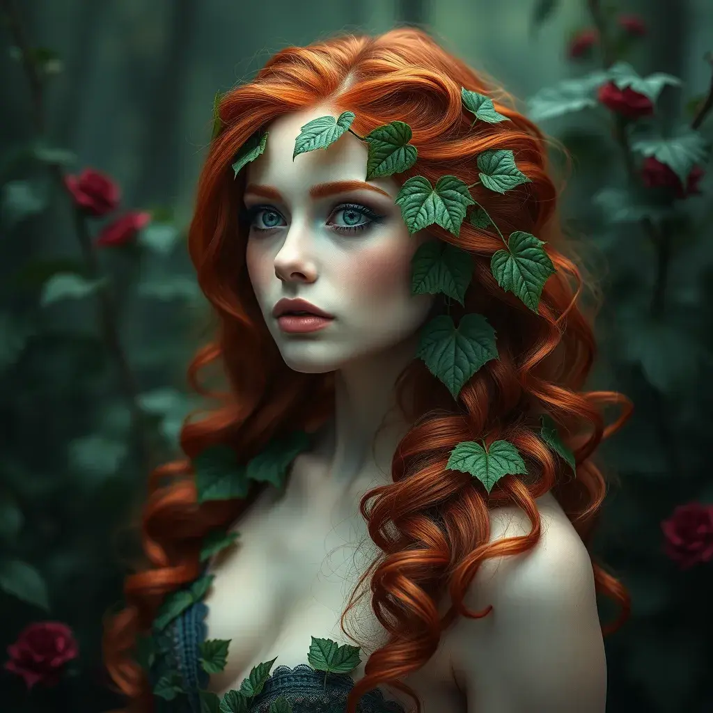 An alluring portrait of a beautiful red headed Poison Ivy, Intricate, Full Body, Photo Realistic