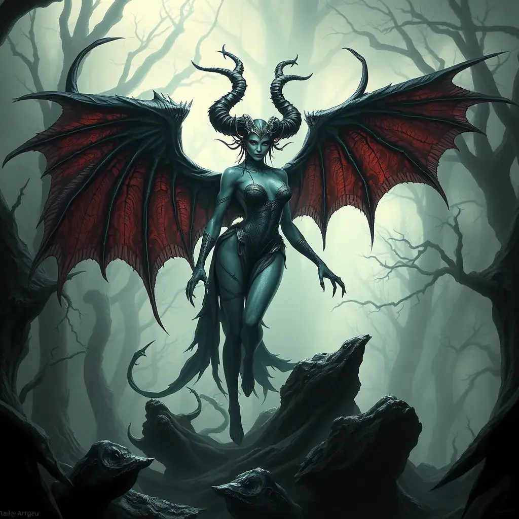 Winged succubus in a haunted forest, Highly Detailed, Intricate, Gothic, Volumetric Lighting, Fantasy, Dark by Stanley Artgerm Lau