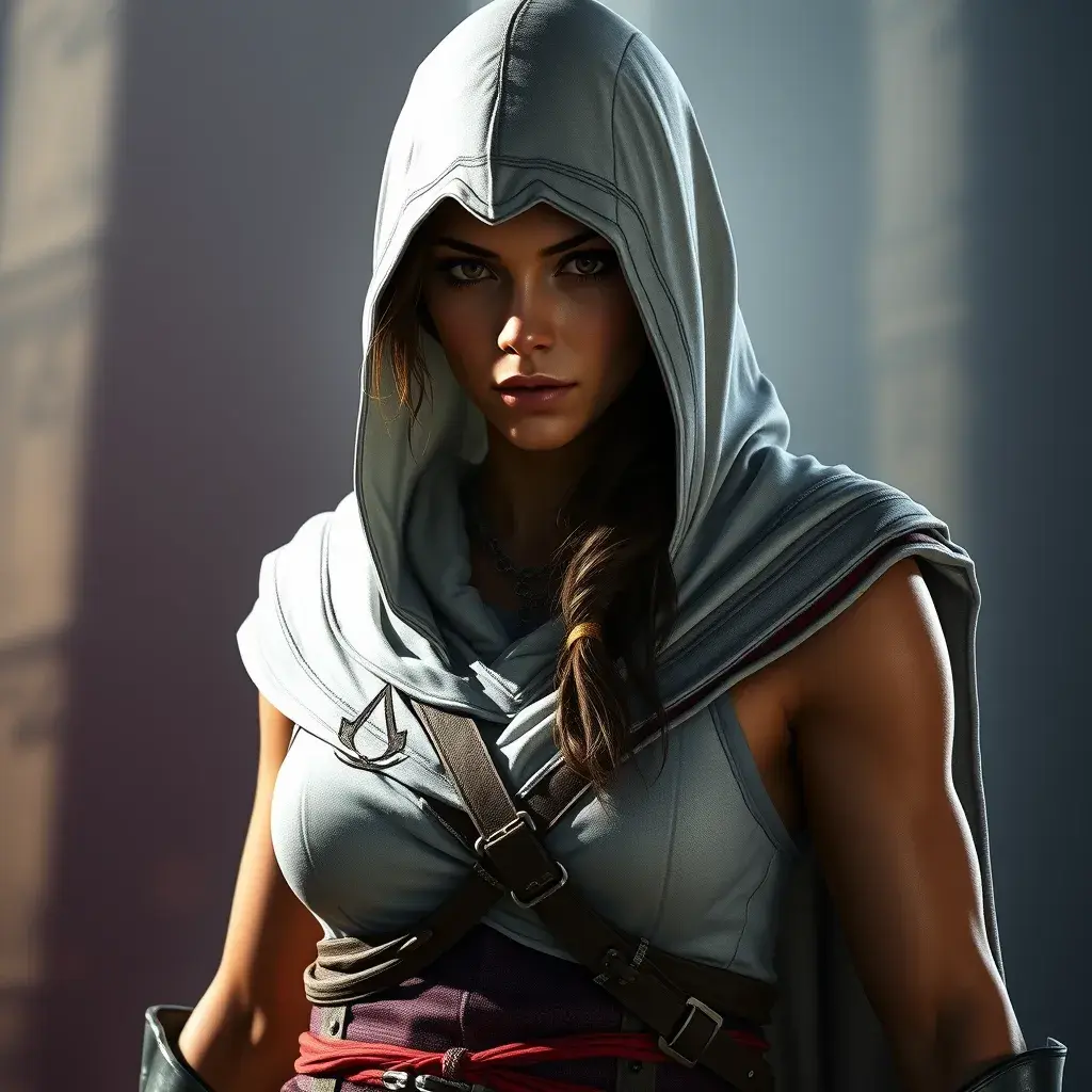 An athletic Kassandra wearing a white hood in full Assassin's Creed style, Highly Detailed, Half Body, Sharp Focus, Volumetric Lighting