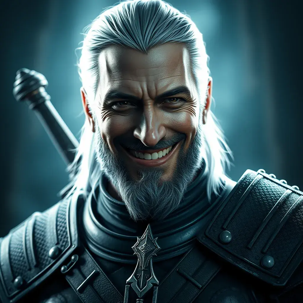 A half body matte portrait of a happy Geralt in The Witcher 3 style armor, 4k, Highly Detailed, Beautiful, Cinematic Lighting, Sharp Focus, Volumetric Lighting, Closeup Portrait, Concept Art by Stefan Kostic