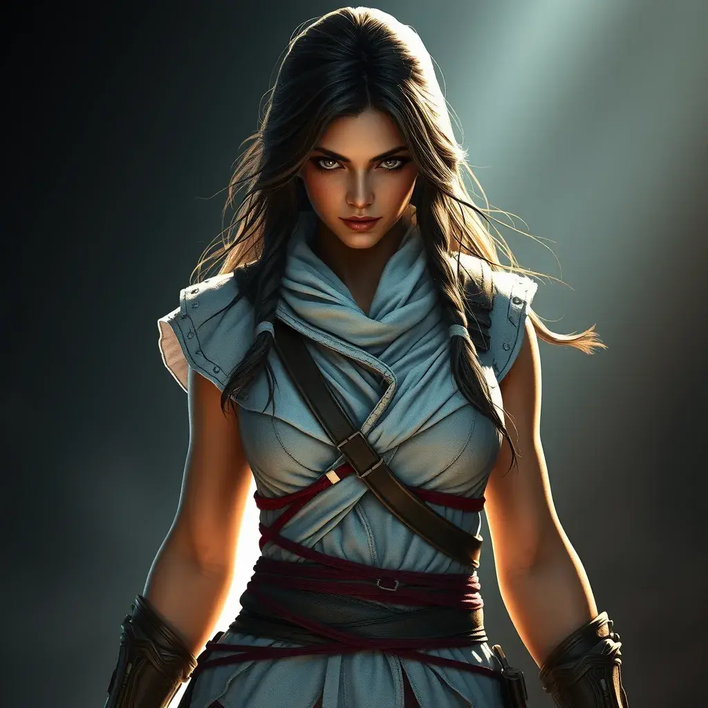 A beautiful Kassandra in white Assassin's Creed style, Highly Detailed, Half Body, Sharp Focus, Volumetric Lighting