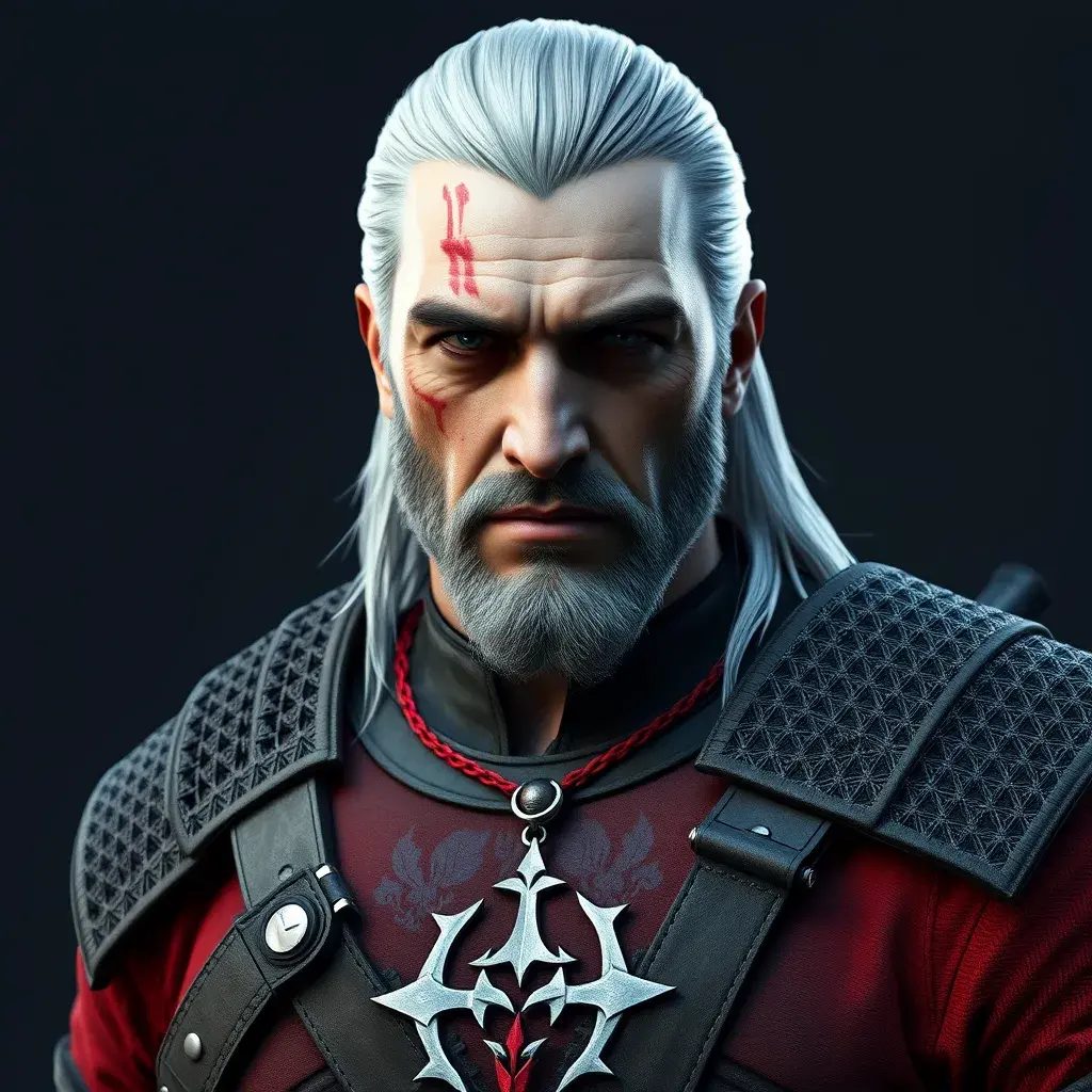 A full body matte portrait of Geralt in The Witcher 3 grey and red style wearing the Witcher medallion, Highly Detailed, Cinematic Lighting, Sharp Focus, Volumetric Lighting by Stefan Kostic