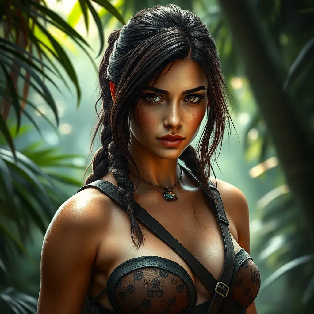 Alluring full body portrait of a beautiful Lara Croft in the jungle getting ready for battle, 8k, Highly Detailed, Intricate, Photo Realistic, Sharp Focus, Volumetric Lighting, Fantasy, Elegant