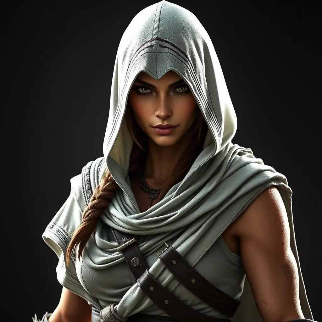 An athletic Kassandra wearing a white hood in full Assassin's Creed style, Highly Detailed, Half Body, Sharp Focus, Volumetric Lighting