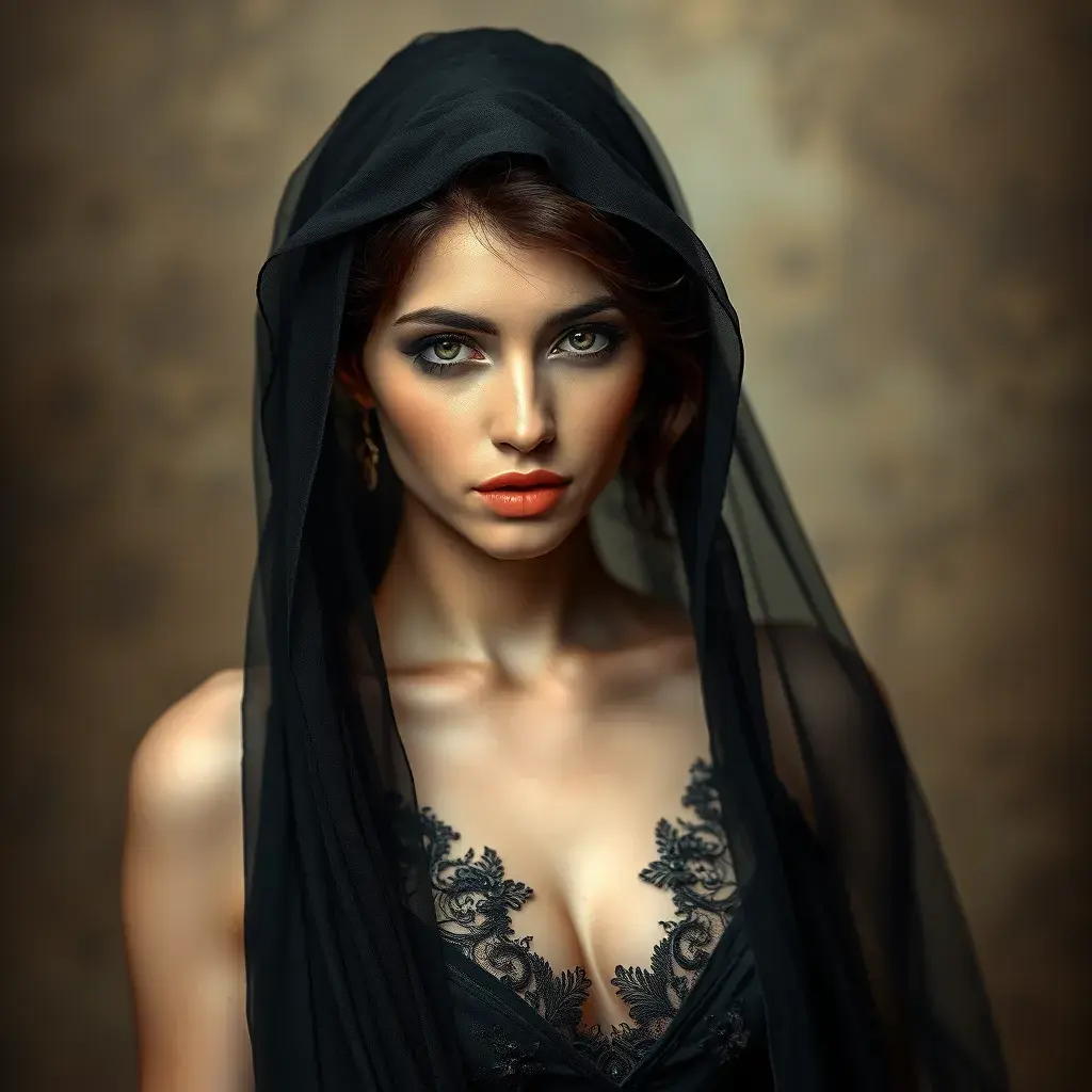 Alluring matte portrait of a beautiful veiled Kassandra wearing a black veil, 8k, Highly Detailed, Intricate, Half Body, Realistic, Sharp Focus, Volumetric Lighting, Fantasy, Elegant by Stanley Artgerm Lau, Alphonse Mucha, WLOP