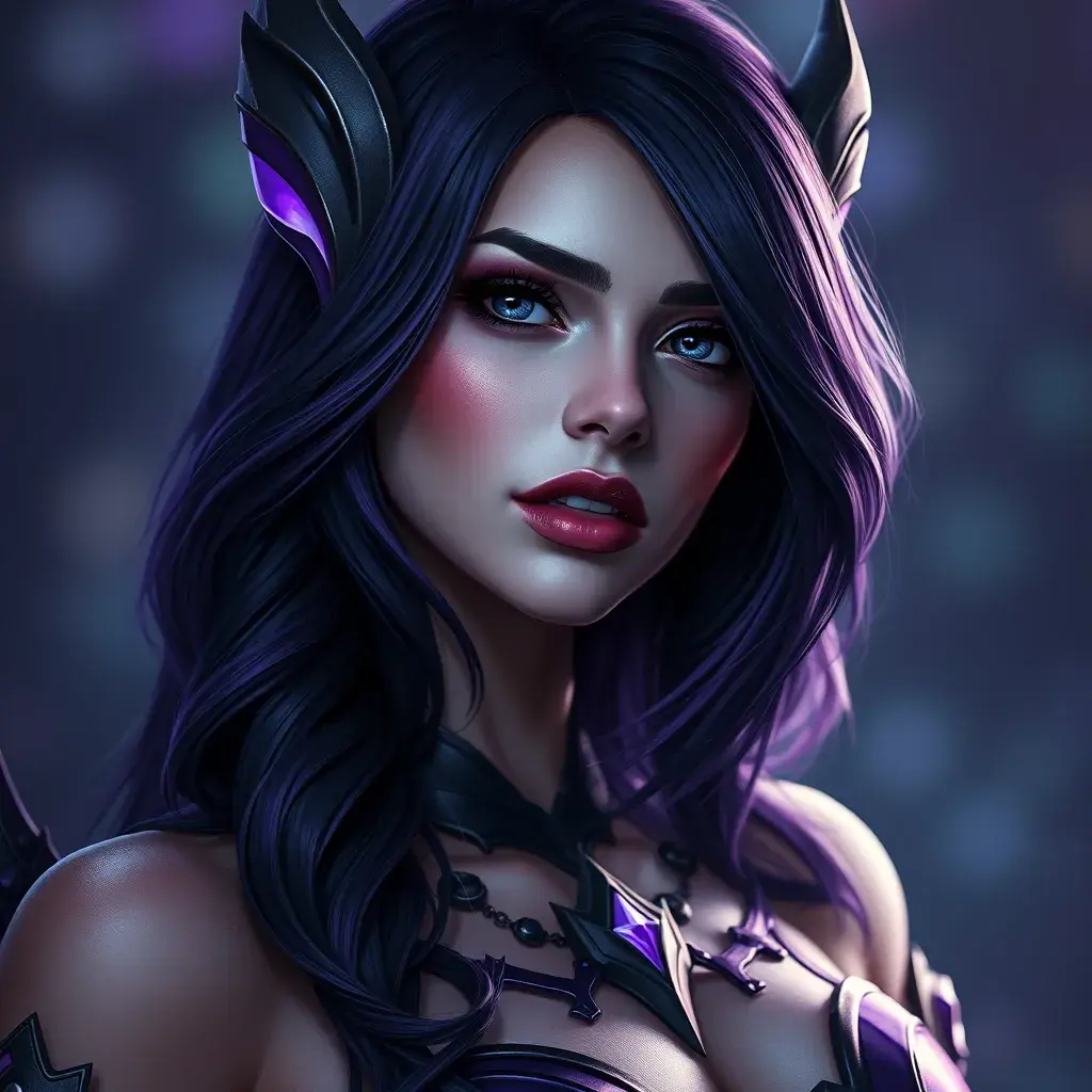 Alluring portrait of a beautiful Morgana from League of Legends in Purple, Highly Detailed, Half Body, Bokeh effect, Photo Realistic by Stefan Kostic