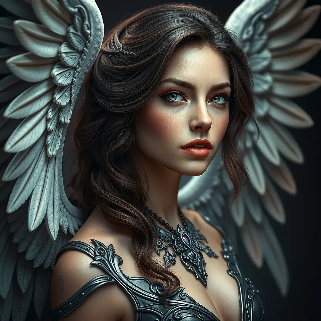 Alluring matte portrait of a beautiful Katarina with wings, 8k, Highly Detailed, Intricate, Half Body, Realistic, Sharp Focus, Volumetric Lighting, Fantasy, Elegant by Stanley Artgerm Lau, Alphonse Mucha, WLOP