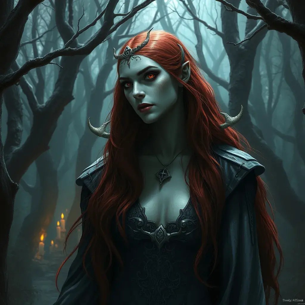 Red haired vampire in a haunted forest, Highly Detailed, Intricate, Gothic, Volumetric Lighting, Fantasy, Dark by Stanley Artgerm Lau