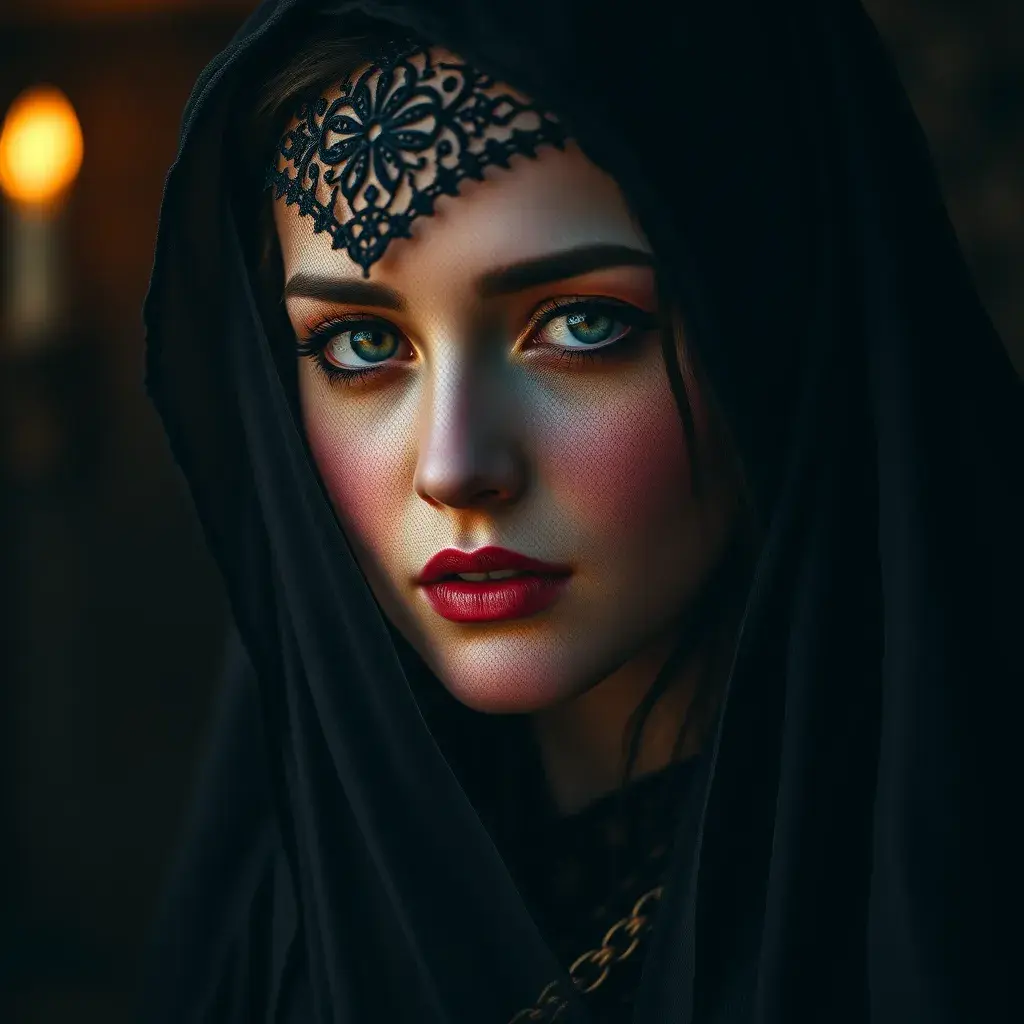 A beautiful veiled Yennefer wearing a lacy black veil, perfect face, Intricate, Half Body, Volumetric Lighting