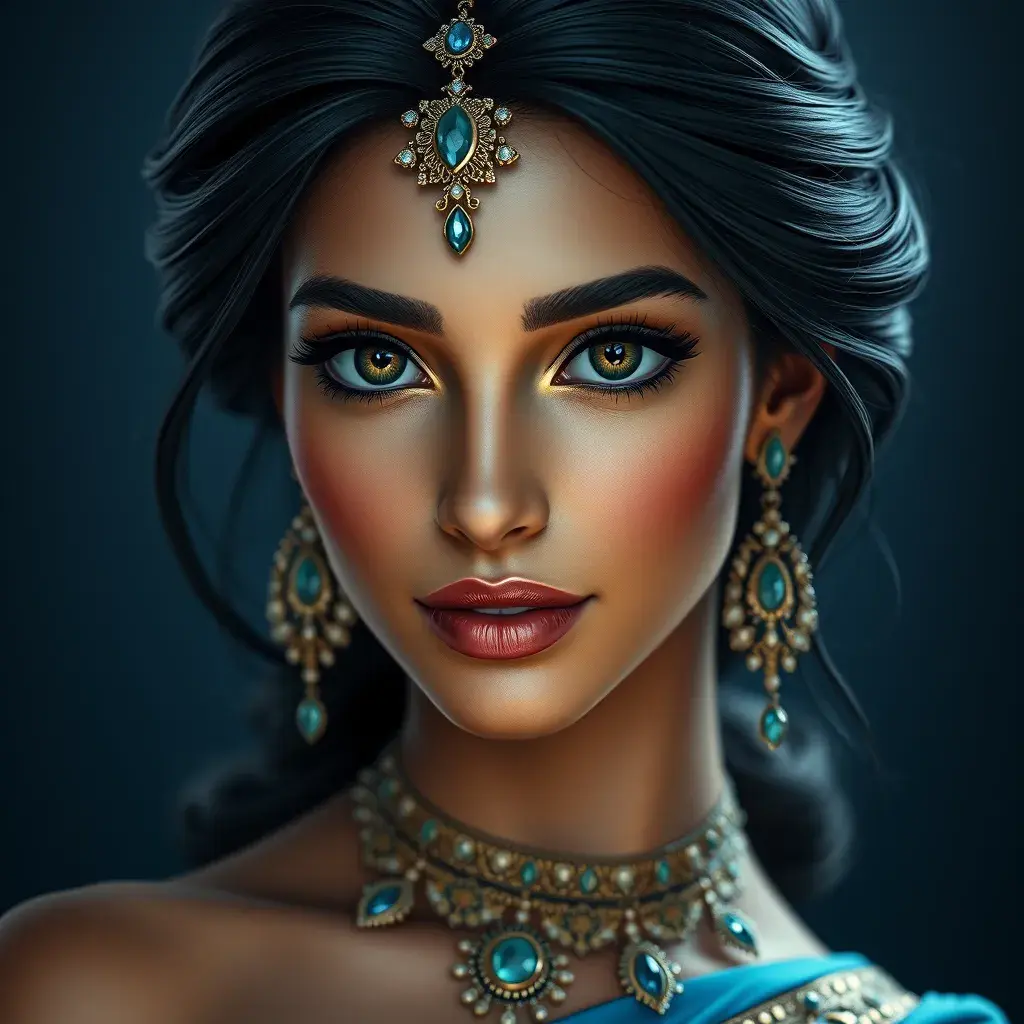 Matte portrait of the beautiful Princess Jasmine in dark blue, 8k, Highly Detailed, Intricate, Realistic, Sharp Focus, Volumetric Lighting, Fantasy, Elegant by Stanley Artgerm Lau, WLOP, Stefan Kostic