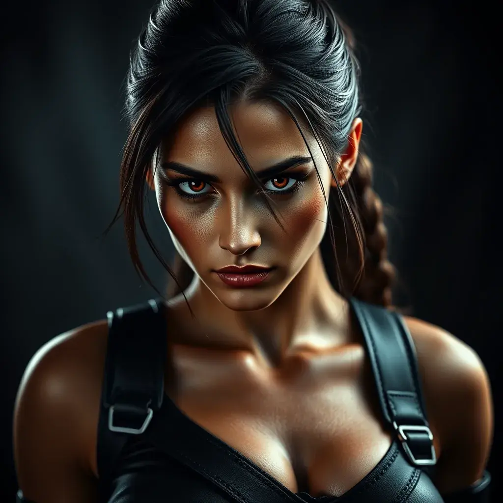 Matte portrait of a beautiful Lara Croft in black leather, 8k, Highly Detailed, Intricate, Realistic, Sharp Focus, Volumetric Lighting, Fantasy, Elegant by Stanley Artgerm Lau, WLOP, Stefan Kostic