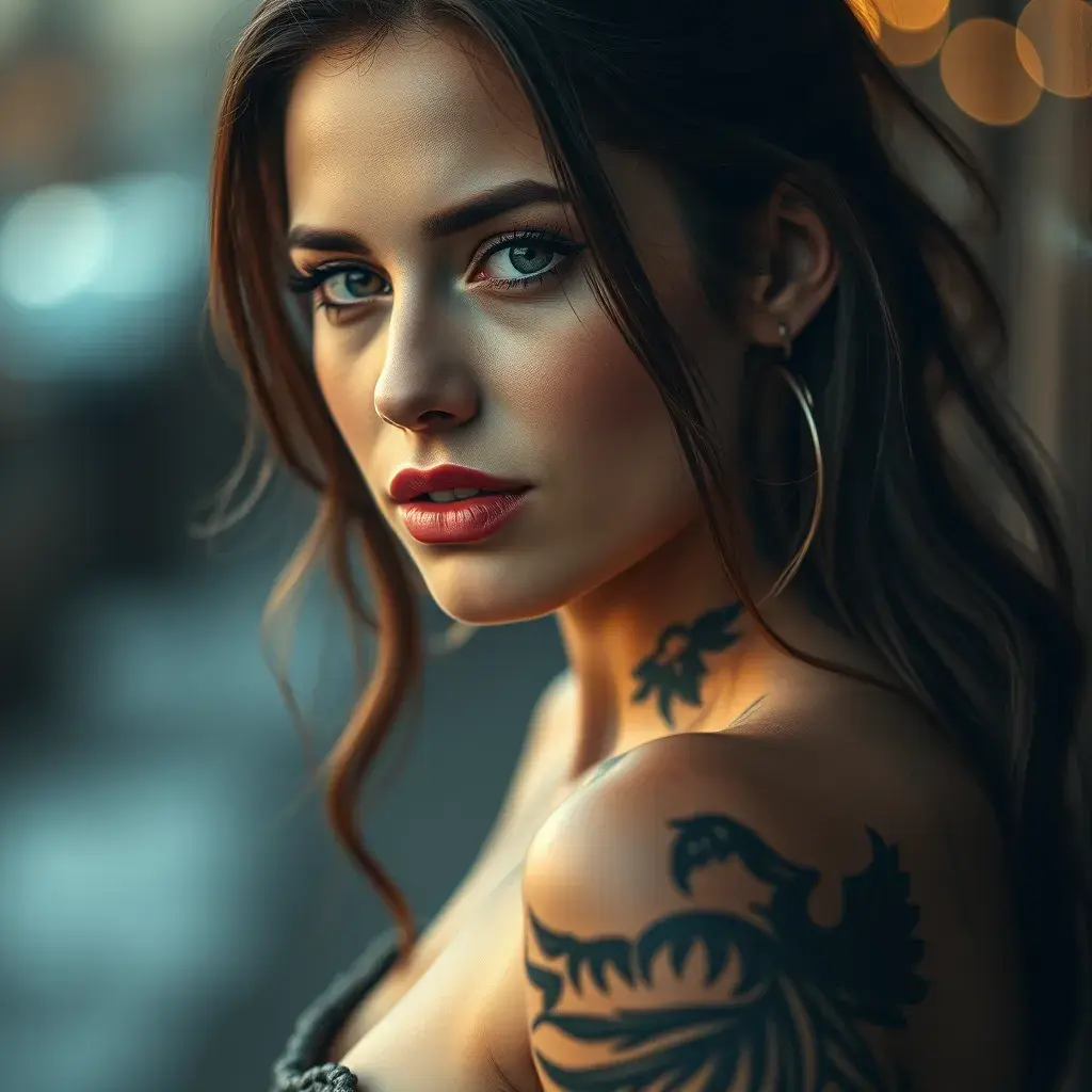 A half body portrait of a beautiful Kassandra with tattoos, Alluring, Half Body, Bokeh effect, Photo Realistic, Sharp Focus, Volumetric Lighting