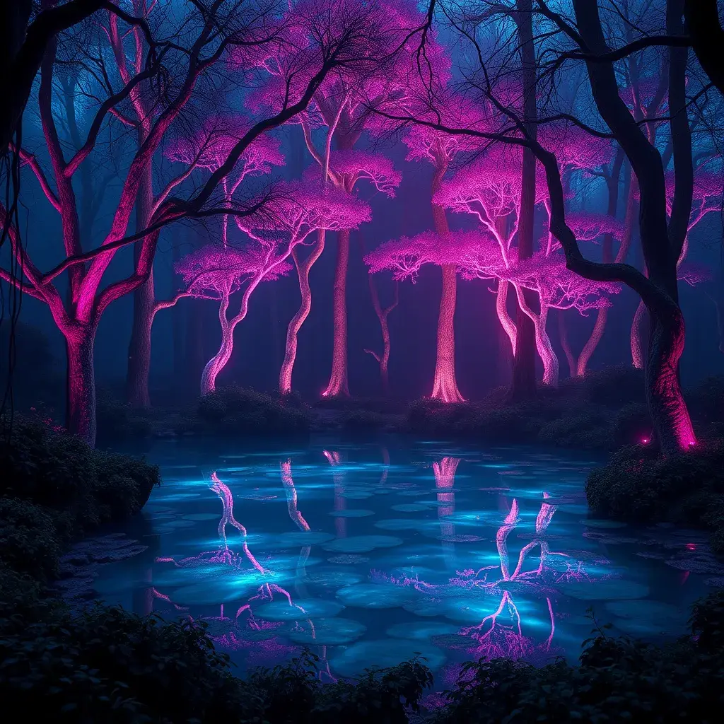 A magical pond in a fantasy forest with glowing pink trees at night, 4k, HQ, Intricate, Artstation, Cinematic Lighting, Photo Realistic, Sharp Focus, Unreal Engine, Dark