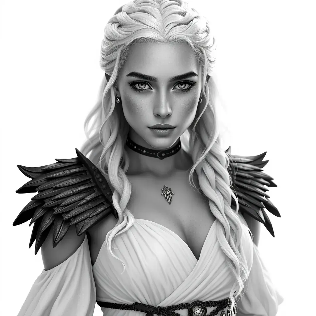 Alluring black and white matte portrait of a beautiful Daenerys Targaryen with a white background in a white dress, 8k, Highly Detailed, Intricate, Half Body, Realistic, Sharp Focus, Volumetric Lighting, Fantasy, Elegant by Stanley Artgerm Lau