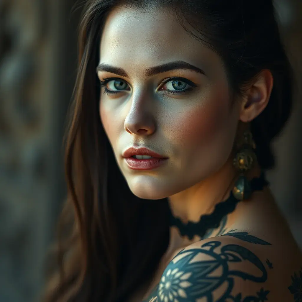 A half body portrait of a beautiful Morgana with tattoos, Alluring, Half Body, Bokeh effect, Photo Realistic, Sharp Focus, Volumetric Lighting