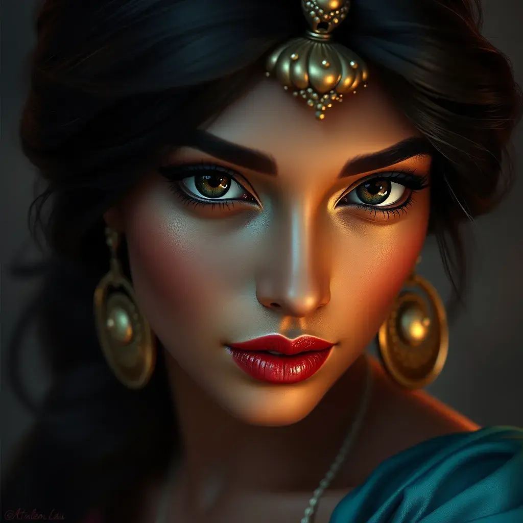 Alluring matte portrait of Princess Jasmine, 4k, 4k resolution, 8k, HD, High Definition, High Resolution, Highly Detailed, HQ, Hyper Detailed, Intricate Artwork, Ultra Detailed, Digital Painting, Matte Painting, Realistic, Sharp Focus, Dim light, Fantasy by Stanley Artgerm Lau