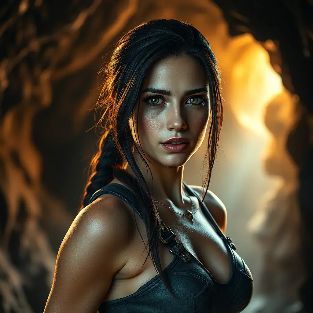 Alluring full body matte portrait of a beautiful Lara Croft in a well lit cave, 8k, Highly Detailed, Intricate, Photo Realistic, Sharp Focus, Volumetric Lighting, Fantasy, Elegant