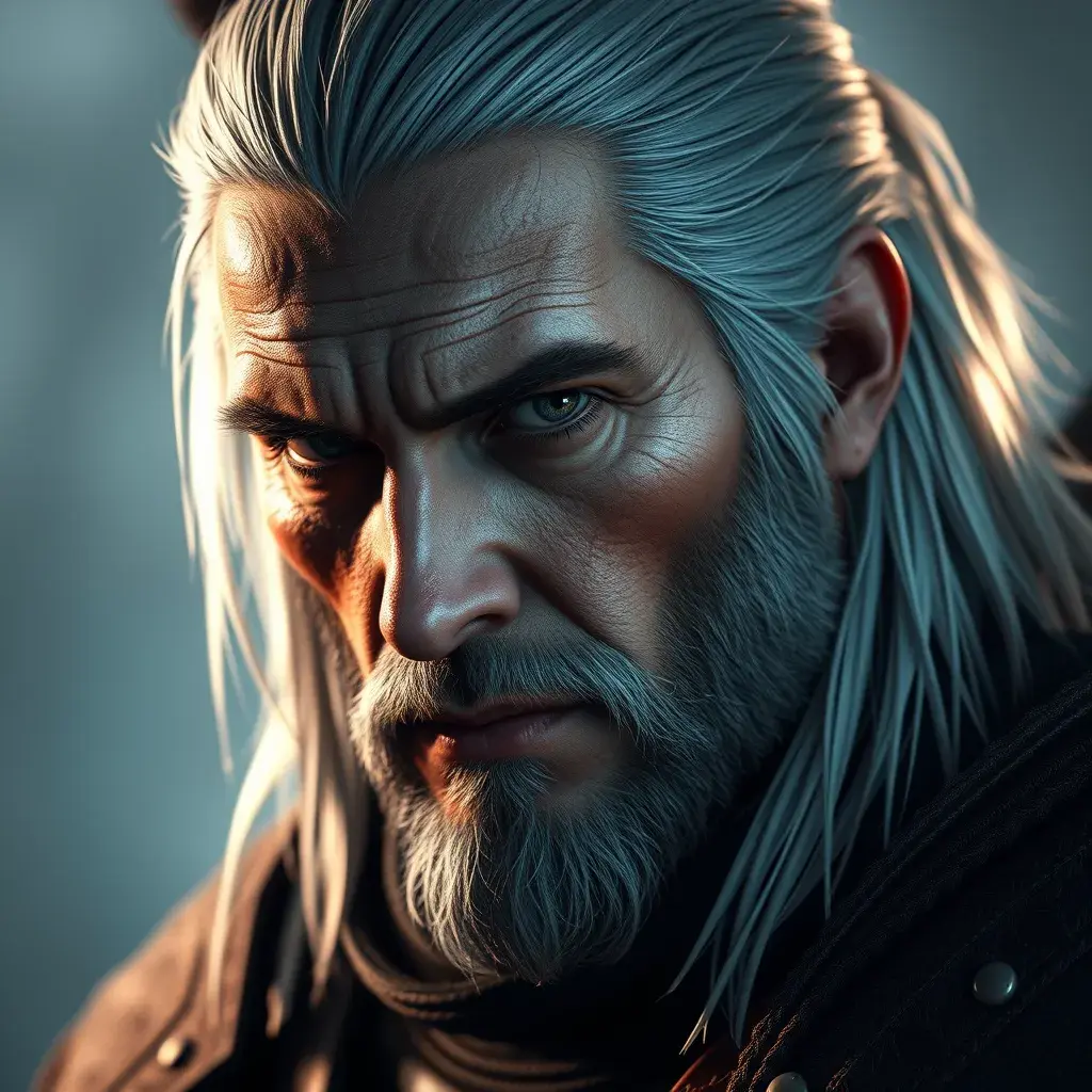 A half body matte portrait of Geralt in The Witcher 3 style armor, 4k, Highly Detailed, Beautiful, Cinematic Lighting, Sharp Focus, Volumetric Lighting, Closeup Portrait, Concept Art by Stefan Kostic