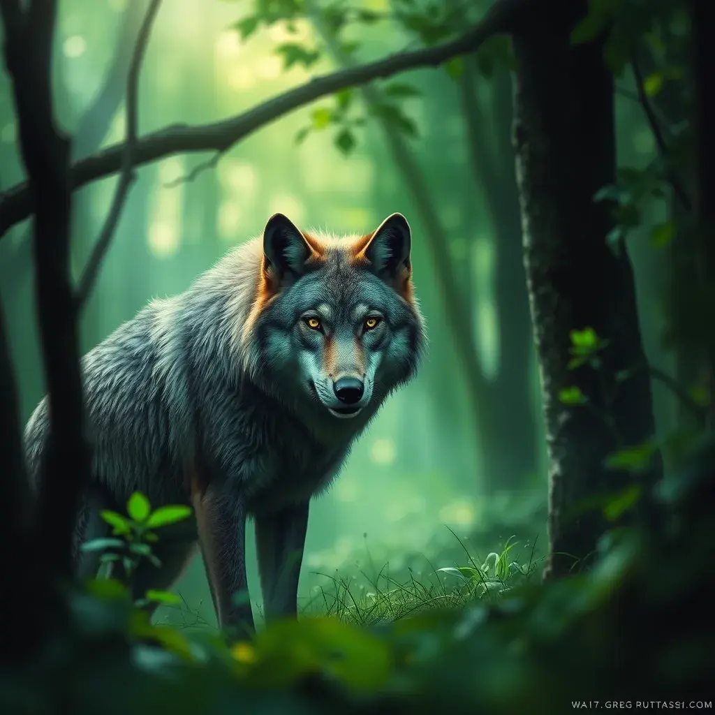 Wolf in a green magical forest, Highly Detailed, Bokeh effect, Sharp Focus, Volumetric Lighting, Fantasy by Greg Rutkowski