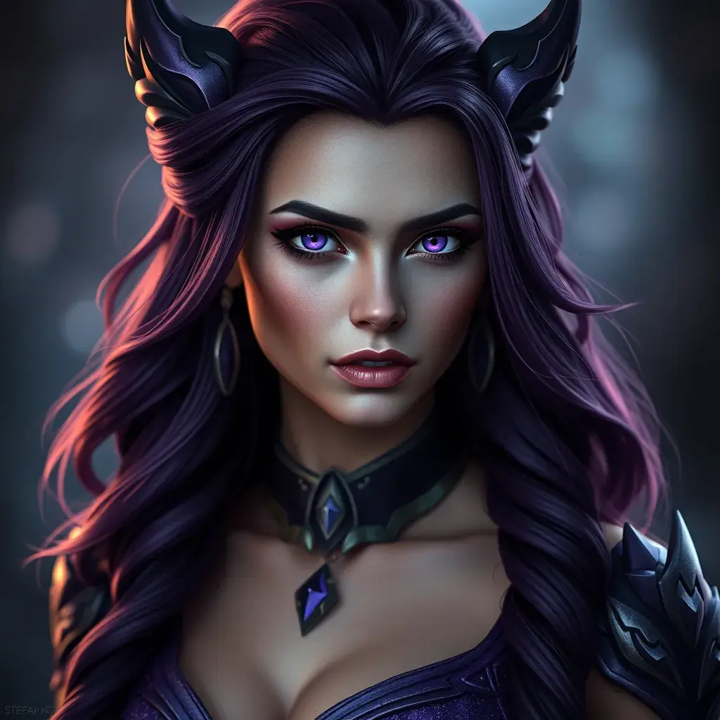 Alluring portrait of a beautiful Morgana from League of Legends in Purple, Highly Detailed, Half Body, Bokeh effect, Photo Realistic by Stefan Kostic