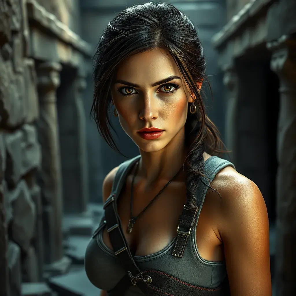 Matte portrait of a beautiful Lara Croft exploring an ancient ruin, 8k, Highly Detailed, Intricate, Realistic, Sharp Focus, Volumetric Lighting, Fantasy, Elegant by Stanley Artgerm Lau, WLOP, Stefan Kostic