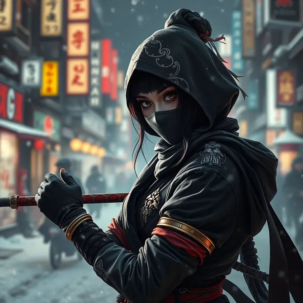 Mysterious beautiful armed kunoichi ninja wearing eyeliner and gold jewelry in the dark snowy streets of tokyo, 8k, Intricate Details, Trending on Artstation, Beautiful, Stunning, Centered by Stanley Artgerm Lau, WLOP