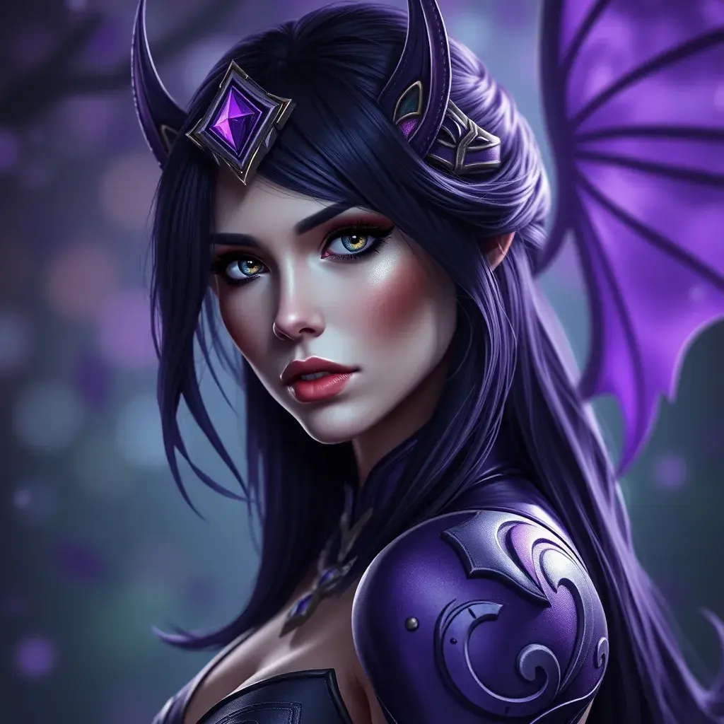 Alluring portrait of a beautiful Morgana from League of Legends in Purple, Highly Detailed, Half Body, Bokeh effect, Photo Realistic by Stefan Kostic