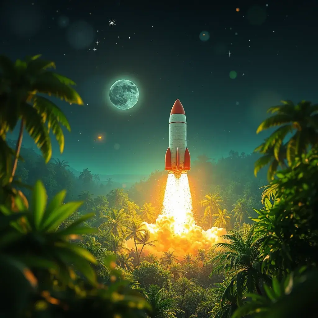 Studio ghibli, rocket explosion, jungle, solar, green technology, optimist future, 8k, Bokeh effect, Cinematic Lighting, Iridescence, Vibrant by Greg Rutkowski, WLOP