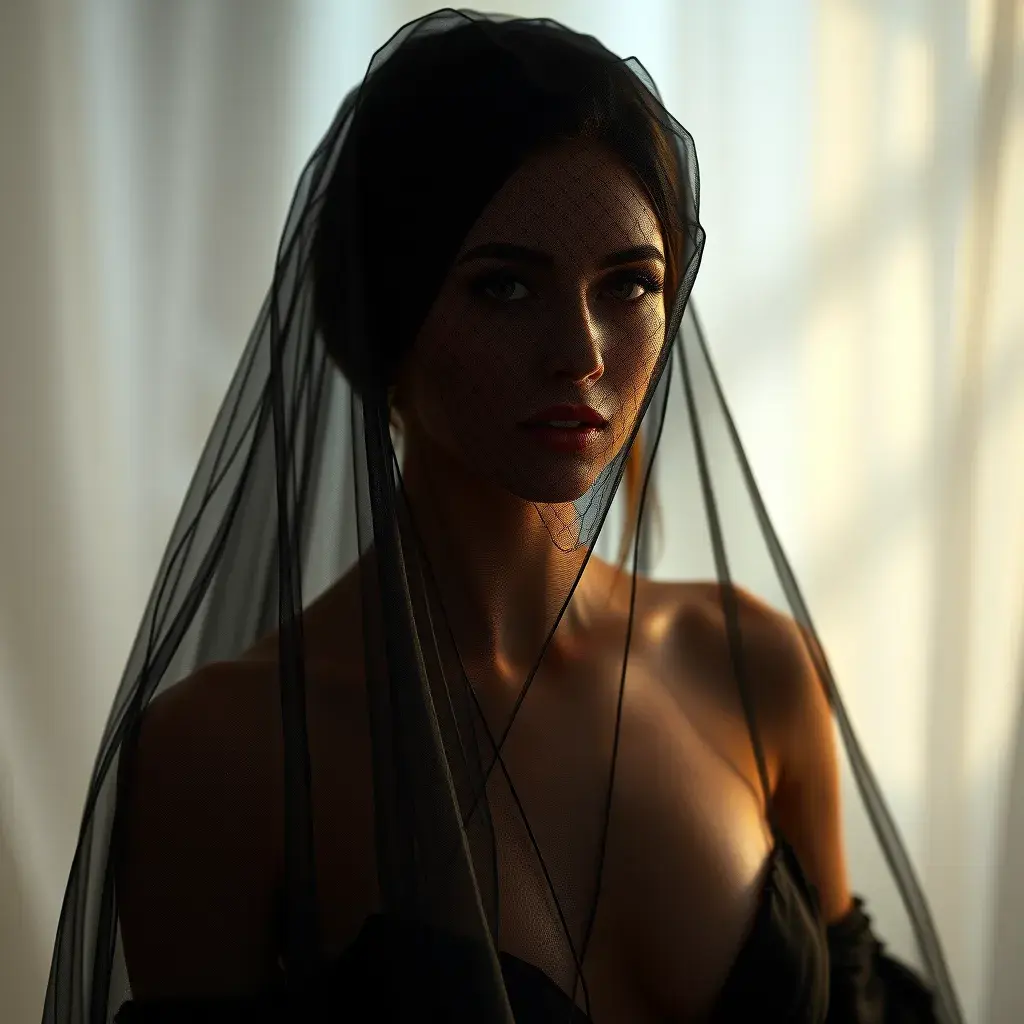 An alluring beautiful veiled Kassandra wearing a black veil, Intricate, Half Body, Volumetric Lighting, Elegant