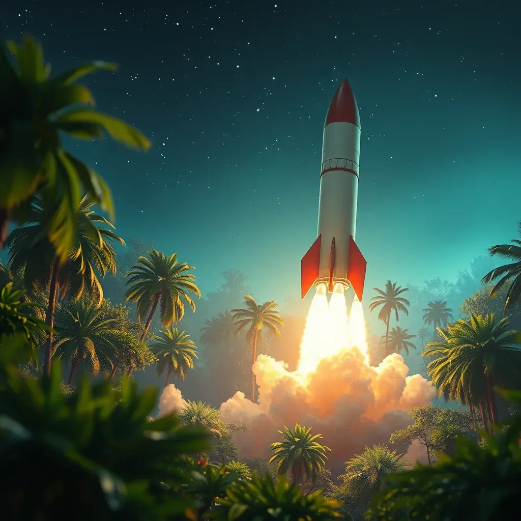 Studio ghibli, rocket explosion, jungle, solar, green technology, optimist future, 8k, Bokeh effect, Cinematic Lighting, Iridescence, Vibrant by Greg Rutkowski, WLOP