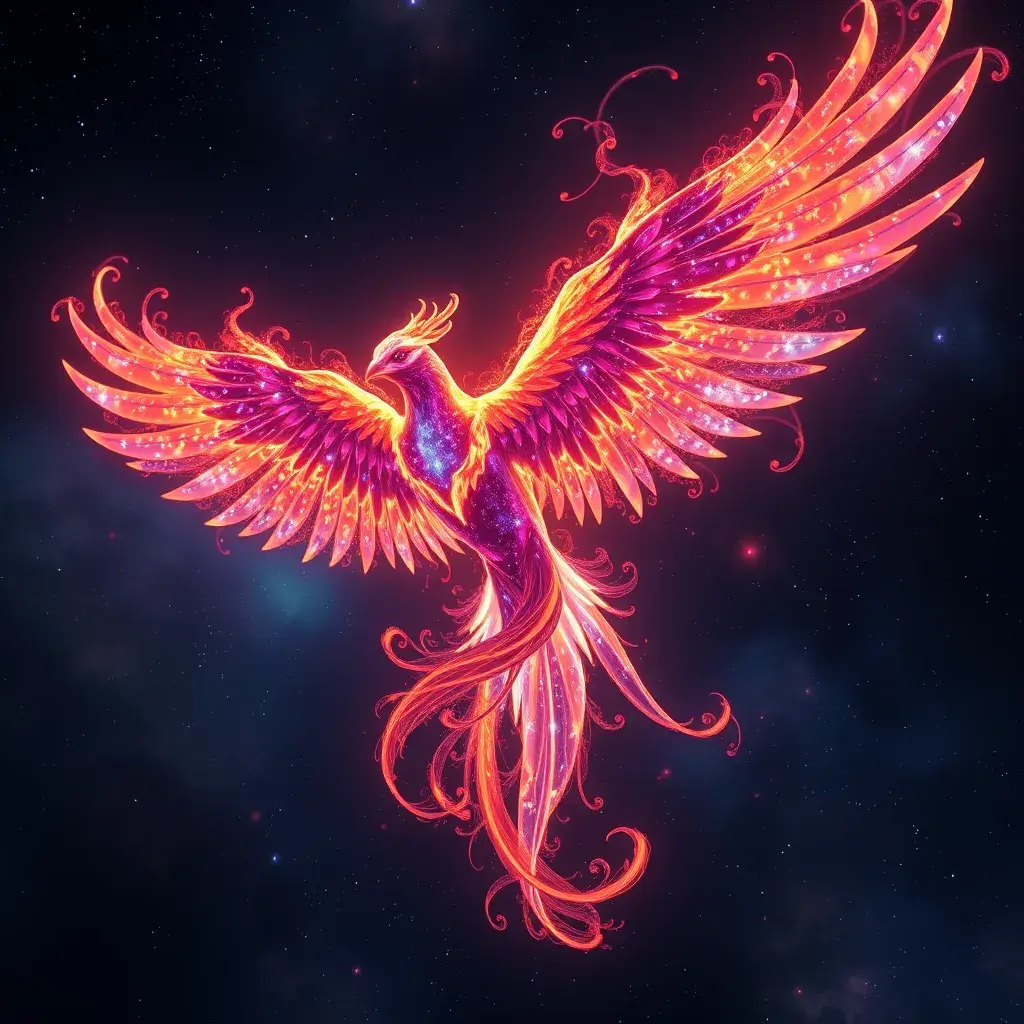 The Nebula Phoenix is a cosmic bird with wings that resemble swirling galaxies. Witness the physics of space and time as it flaps through the digital cosmos, Unreal Engine, Volumetric Lighting, Vibrant Colors