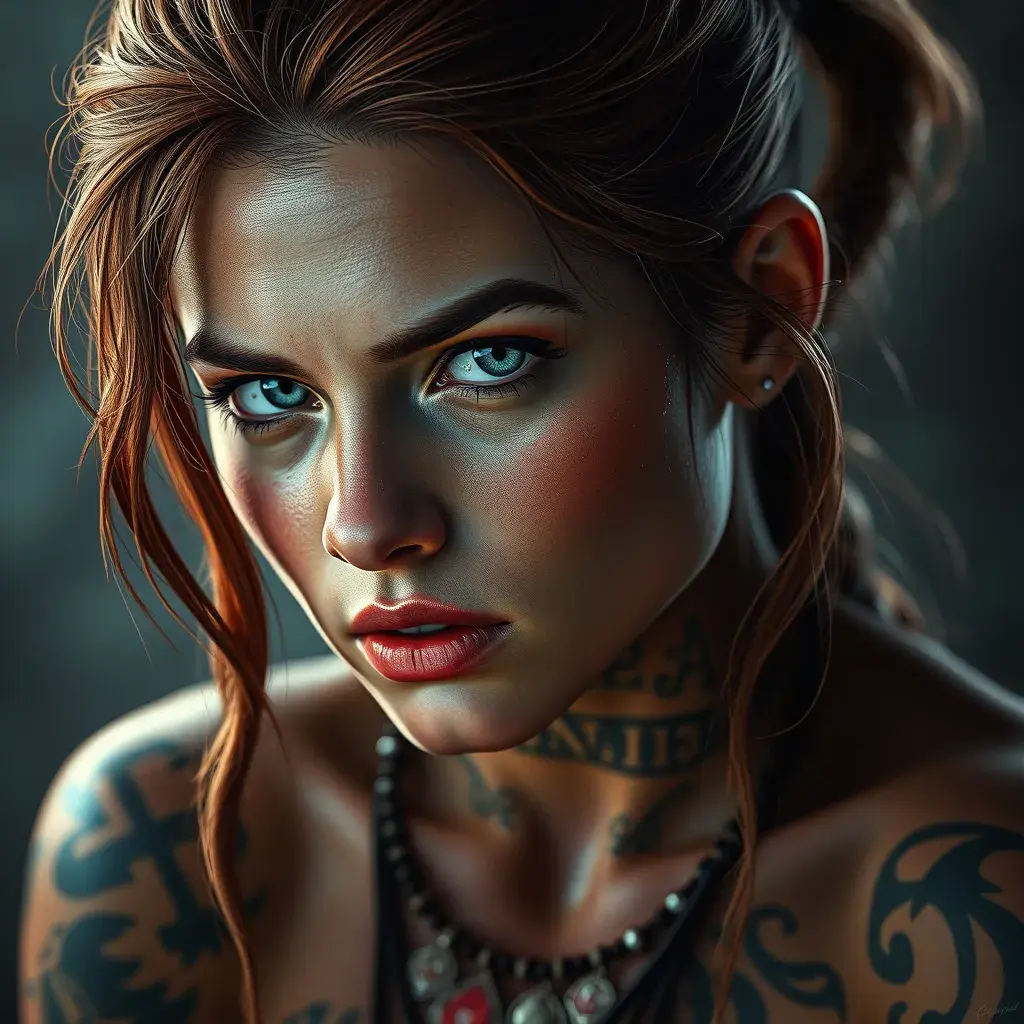 Matte portrait of Aloy with tattoos, 8k, Highly Detailed, Powerful, Alluring, Artstation, Magical, Digital Painting, Photo Realistic, Sharp Focus, Volumetric Lighting, Concept Art by Stanley Artgerm Lau, Alphonse Mucha, Greg Rutkowski