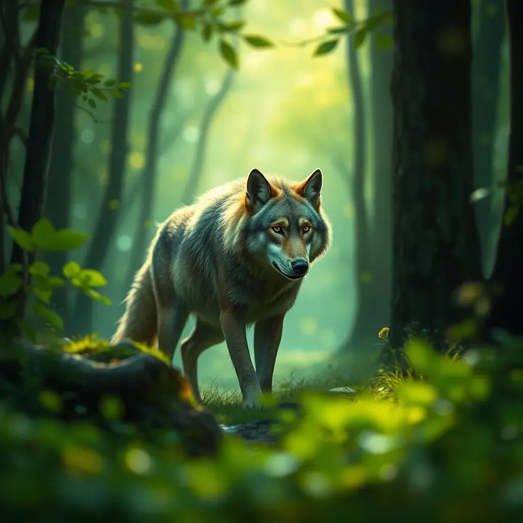 Wolf in a green magical forest, Highly Detailed, Bokeh effect, Sharp Focus, Volumetric Lighting, Fantasy by Greg Rutkowski