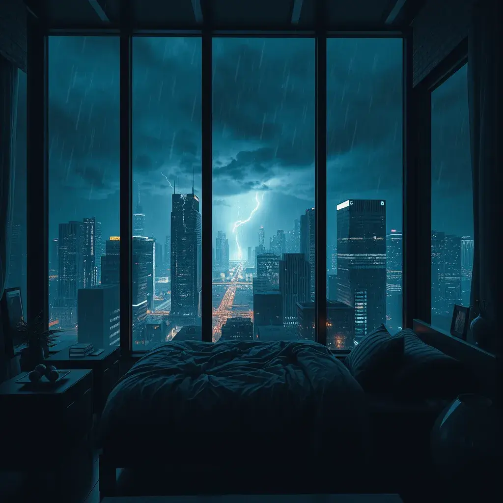 Beautiful cozy bedroom with floor to ceiling glass windows overlooking a cyberpunk city at night, thunderstorm outside with torrential rain, High Resolution, Highly Detailed, Darkwave, Gloomy by Stefan Kostic