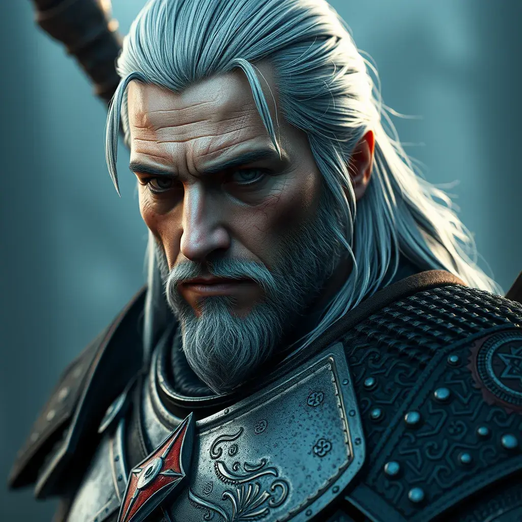 A half body matte portrait of Geralt in The Witcher 3 style armor, 4k, Highly Detailed, Beautiful, Cinematic Lighting, Sharp Focus, Volumetric Lighting, Closeup Portrait, Concept Art by Stefan Kostic