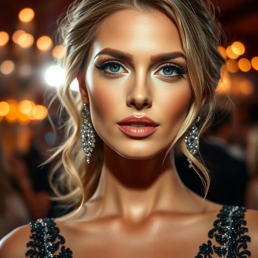 Close up of a stunningly beautiful woman at a gala ball, Half Body, Photo Realistic