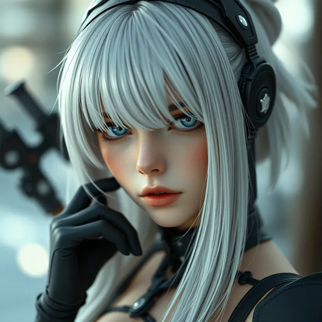 Alluring matte portrait of a beautiful 2B from Nier Automata, Highly Detailed, Full Body, Bokeh effect, Photo Realistic, Sharp Focus by Stefan Kostic