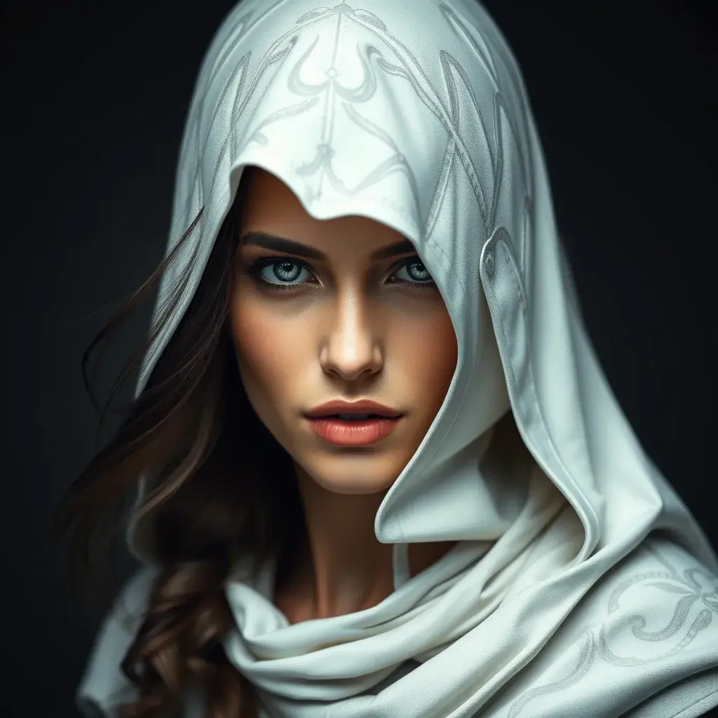 Alluring matte portrait of a beautiful Kassandra in white Assassin's Creed style, 8k, Highly Detailed, Intricate, Half Body, Realistic, Sharp Focus, Volumetric Lighting, Fantasy, Elegant