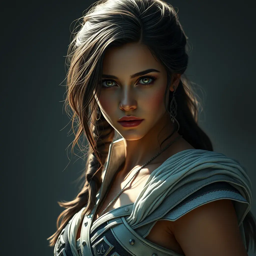 Alluring full body portrait of a beautiful Kassandra in Assassin Creed style, 8k, Highly Detailed, Intricate, Photo Realistic, Sharp Focus, Volumetric Lighting, Fantasy, Elegant