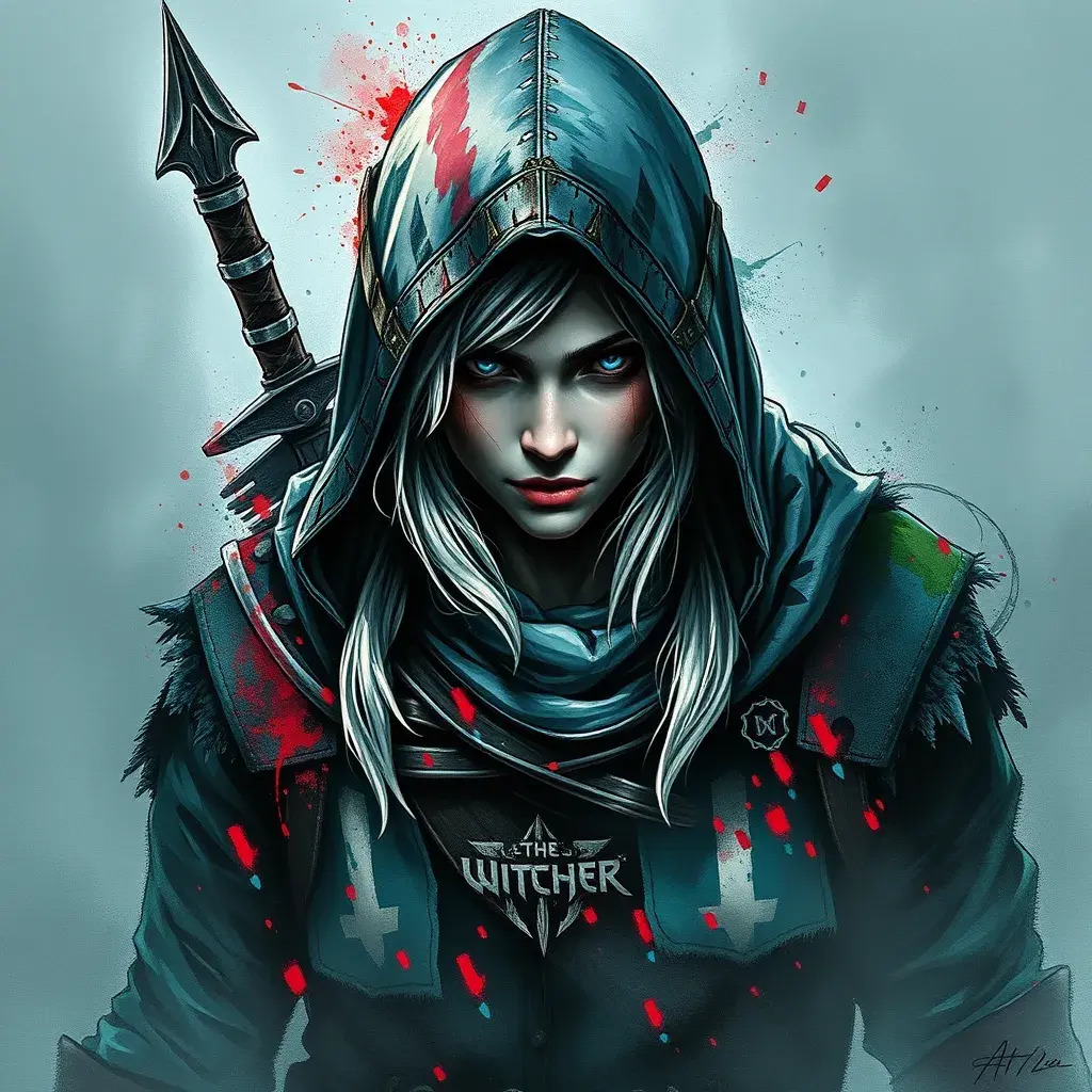 Hooded Ciri from the Witcher emerging from the fog of war, ink splash, Highly Detailed, Vibrant Colors, Ink Art, Fantasy, Dark by Stanley Artgerm Lau