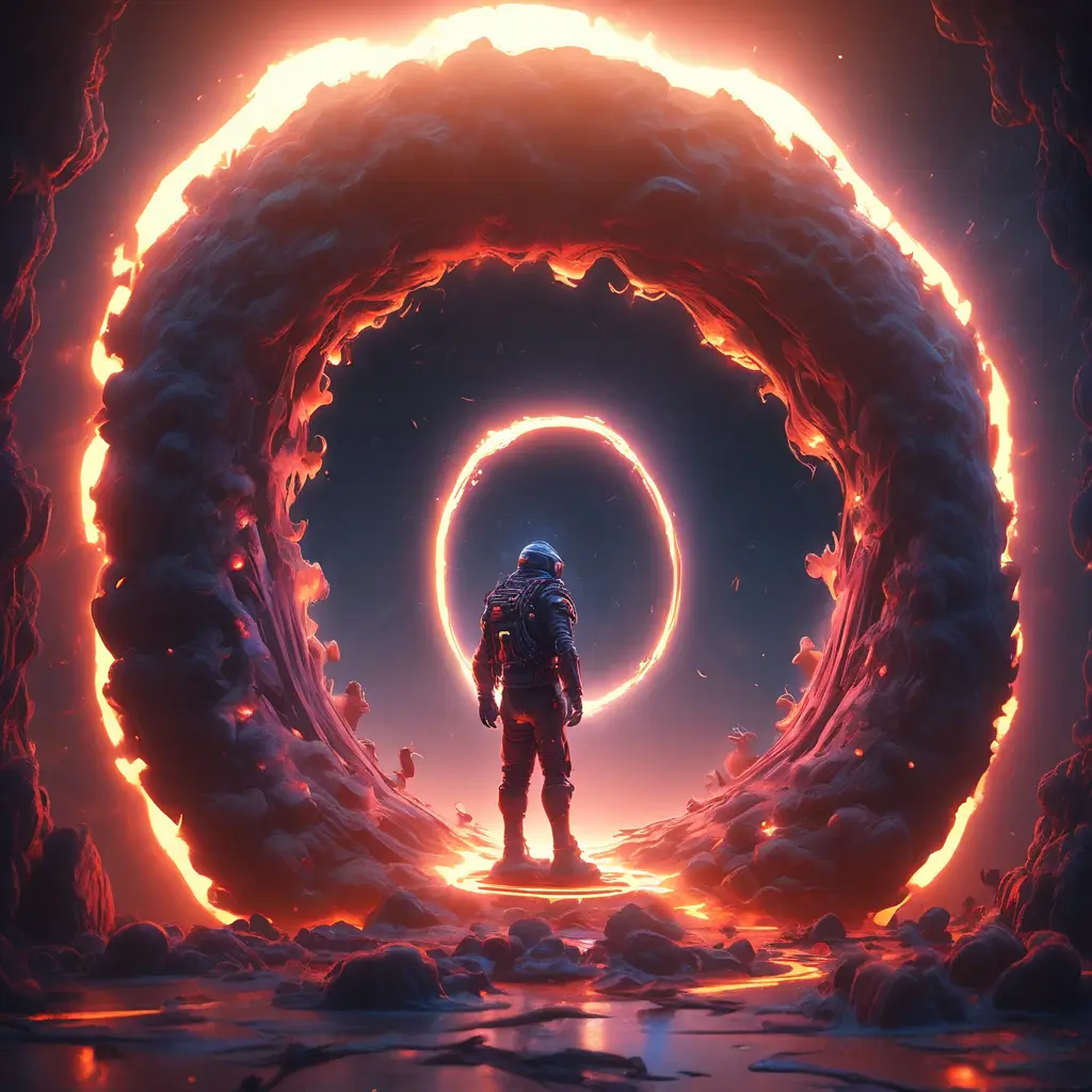 Digital art of Black hole containing strange object astronaut, Sci-Fi, Volumetric Lighting