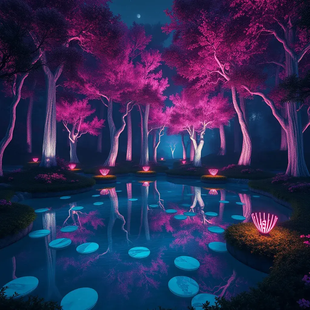 A magical pond in a fantasy forest with glowing pink trees at night, 4k, HQ, Intricate, Artstation, Cinematic Lighting, Photo Realistic, Sharp Focus, Unreal Engine, Dark