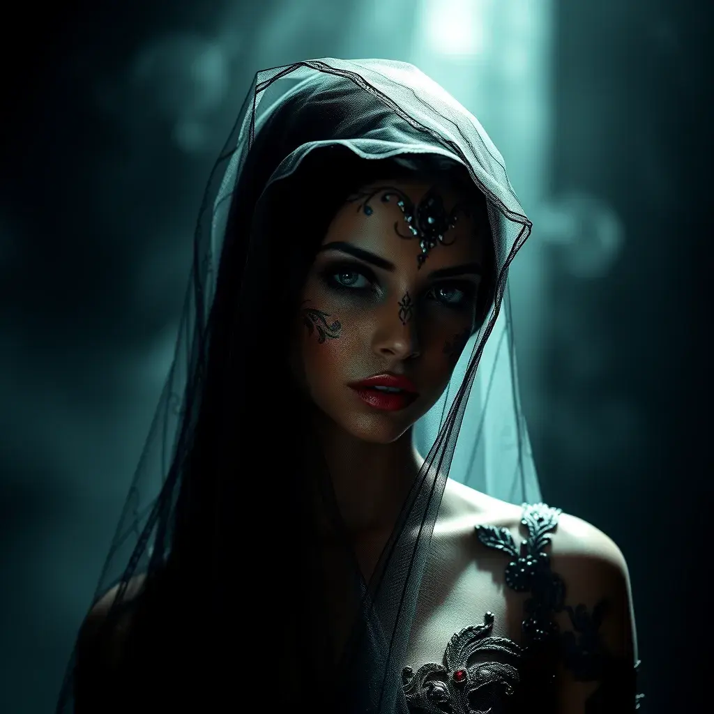 An alluring beautiful veiled Nidalee wearing a black veil, Intricate, Half Body, Volumetric Lighting, Elegant