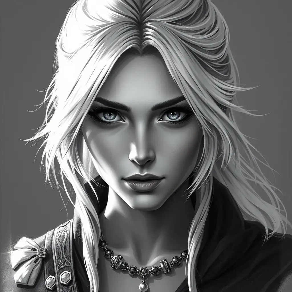 Black & White portrait of Ciri, Highly Detailed, Intricate, Artstation, Beautiful, Digital Painting, Sharp Focus, Concept Art, Elegant