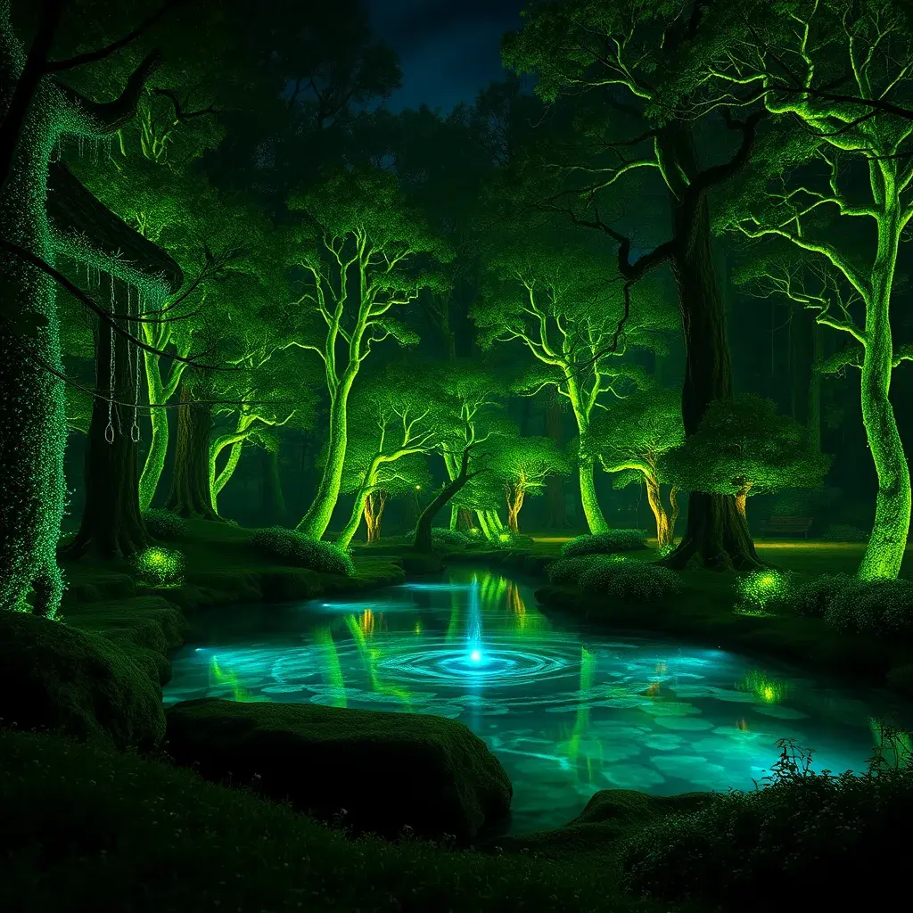 A magical pond in a fantasy forest with glowing green trees at night, 4k, HQ, Intricate, Artstation, Cinematic Lighting, Photo Realistic, Sharp Focus, Unreal Engine, Dark