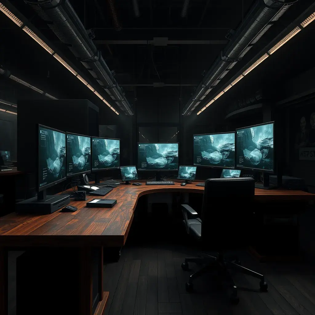 A dark industrial wood desk with many monitors, Photo Realistic, Volumetric light effect, Octane Render, Unreal Engine, Ambient Occlusion, Maximalism, Industrial